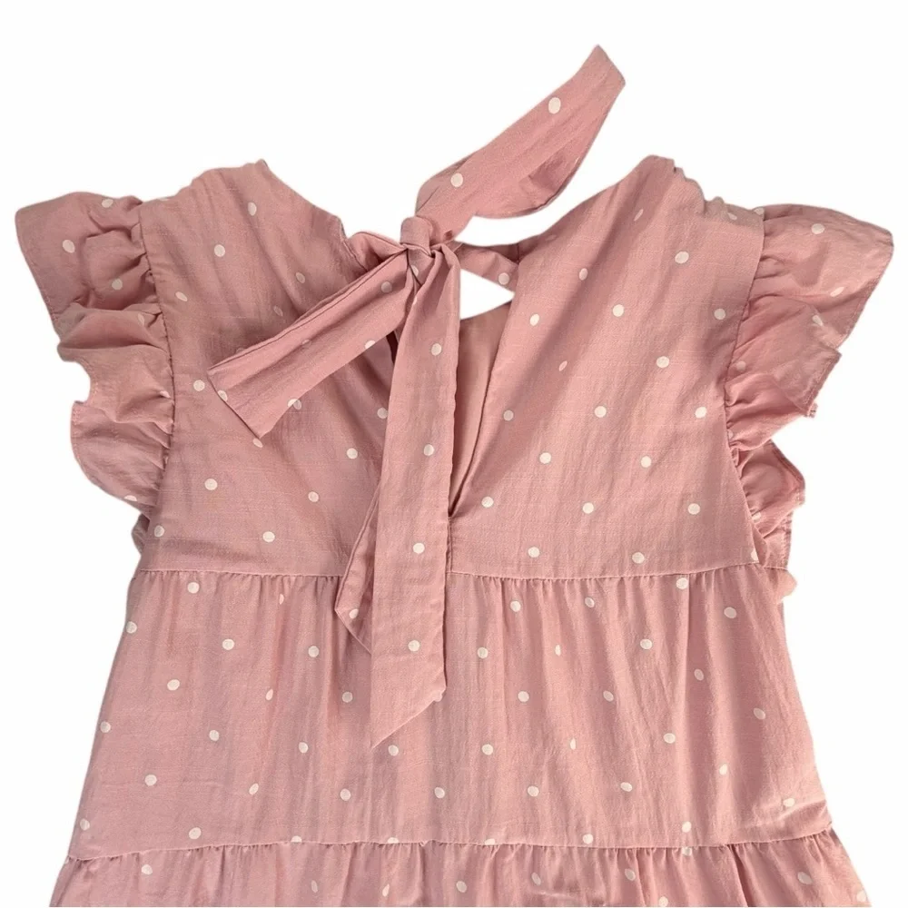 English Factory Women's Pink Polka Dot Tiered Maxi Dress W/Tie Back Size Small - Picture 11 of 13